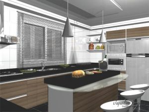 Cozinha com ilha central vista bancada refeição geladeira