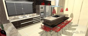 Cozinha moderna vista bancada refeições geladeira