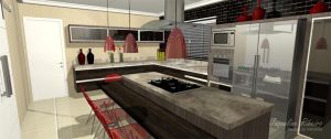 Cozinha moderna vista cooktop coifa geladeira forno microondas pia