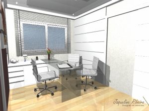 Escritorio com mesa de vidro - Vista mesa de atendimento com painel na parede